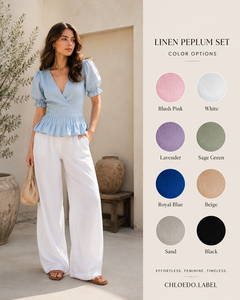 Bulk Custom Women's Solid Bohemian Cotton <b>Linen</b> Two-Piece Set V-Neck Puff Sleeves Peplum <b>Top</b> Wide-Leg Trousers Casual Summer - Product Image 6