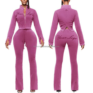 Femmes sur mesure Logo mode délavé à l'acide décontracté fermeture éclair à capuche ensemble à manches longues brodé chemisier et pantalon deux pièces ensemble - Product Image 4