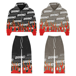 Ensemble survêtement streetwear Y2K à imprimé flamme pour homme, sweat à capuche zippé oversize et pantalon de jogging large - Product Image 1