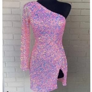 Pink Sequin One Shoulder Dress Long Sleeve Women Mini Length Evening Party Wear Apparel Clothing Garment Cocktail Event Outfit - Product Image 1