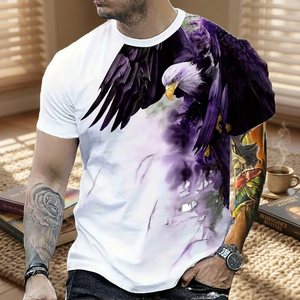 <b>Men's</b> Slim Fit Short Sleeve T-Shirt With 3D Purple Eagle Print O-Neck Casual Breathable Knitted Polyester Shirt - Product Image 6