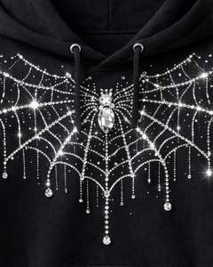 Sudadera con capucha negra de tejido grueso con diseño de telaraña de diamantes de imitación, estilo oversize, con bolsillo canguro, personalizada, de fabricante de ropa urbana - Product Image 5