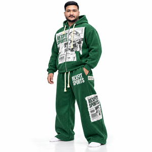 Ensemble décontracté deux pièces unisexe avec pantalon large et veste zippée en molleton French Terry, imprimé graphique, patchwork personnalisé et étiquette personnalisée - Product Image 3