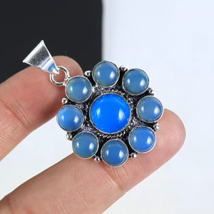 New Arrival Natural <b>Blue</b> Chalcedony Flower Pendant 925 Sterling Silver Multi-Stone Cluster Jewelry Fashion Statement <b>Necklace</b> - Product Image 1