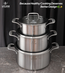 Juego de Ollas de Acero Inoxidable 18/10 de Alta Gama, 6 Piezas, Cuerpo Resistente, Asas de Acero Inoxidable Sólido, Tapas de Vidrio, Apto para Inducción - Product Image 5