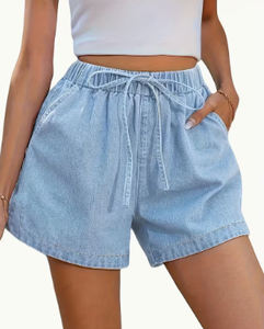 <b>Women's</b> Light Washed Denim Shorts Mid Rise <b>Elastic</b> Waist Drawstring Loose Fit <b>Jean</b> Casual Summer - Product Image 3