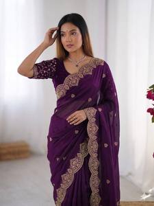 Sari de seda georgette suave y pesado para mujer con bordado C Pallu y borde con trabajo Zari, hecho en India - Product Image 3