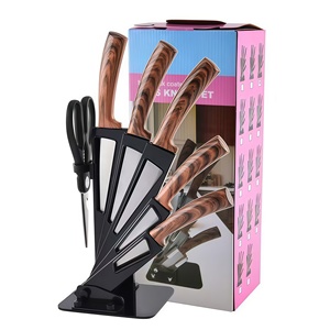 Juego de cuchillos de cocina de 7 piezas con soporte giratorio para cuchillos, precio de fábrica, venta al por mayor, en stock, mango de PP con textura de madera, OEM, ODM, cuchillo de chef - Product Image 1