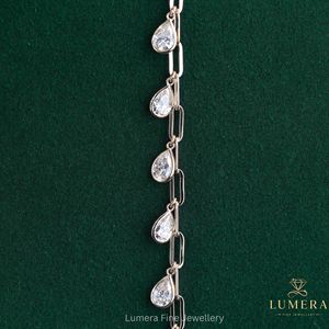 Statement Pear Cut Diamond Charm Bracelet With Lab Grown Stones Suspended Along Open Basket Settings <b>Solid</b> <b>Gold</b> Paperclip Chain - Product Image 3