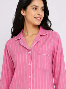Conjunto de Pijama de Manga Larga a Rayas Rosas para Mujer, Cuello Clásico, Dos Piezas, Ropa de Dormir de Algodón Suave - Product Image 2