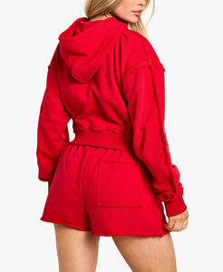 Nouvel ensemble short 2 pièces élégant en molleton bouclette pour femme, avec épaules tombantes, détails déchirés, fermeture éclair au genou, couleur unie, taille haute et ourlet brut, idéal pour le printemps - Product Image 2