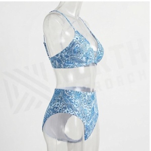 Women's Blue Paisley Print 2 Piece <b>Bikini</b> <b>Set</b> Deep V Neck Triangle Top High Waist Bottoms Stretch Swimwear - Product Image 3