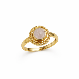 Electroplated Brass <b>Ring</b> Rose <b>Quartz</b> Round Cabochon Fixed Size Elegant Halo Statement <b>Ring</b> Handmade Women Jewelry Bezel Setting - Product Image 1
