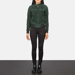 <b>Women's</b> Green Cow <b>Suede</b> Bomber <b>Jacket</b> Full Sleeve Stand Collar Zipper Closure Windproof Autumn Fashion <b>Jacket</b> - Product Image 5