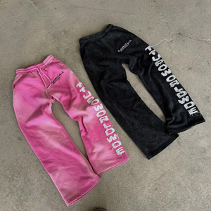 Trousers Custom Men's Vintage Trousers Casual Wide Leg Rhinestone Pants With Distressed Flared Design Made Fleece <b>Jogger</b> Fabric - Product Image 2