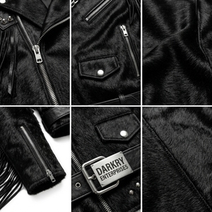 Chaqueta de cuero negra personalizada al por mayor para hombre con pelo de vaca, flecos, estilo motero, con tachuelas de metal pesado y cadena, estilo punk, fabricante de prendas de abrigo. - Product Image 6