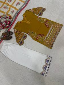 <b>Women</b> Traditional Heavy Roman Cotton Ankle-Length Embroidered Quick Dry <b>Kurta</b> Set Cream Palazzo Dupatta Casual Wear India - Product Image 4