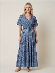 Robe longue bohème col en V manches courtes imprimé cachemire taille élastique coupe trapèze ample décontractée été vintage respirante 100% soie - Product Image 2