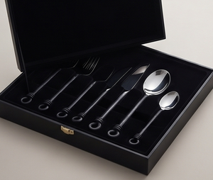 Minimalist <b>Black</b> Mirror Polished Metal Flatware <b>Set</b> With Tie Design Handle Dishwasher Safe <b>Cutlery</b> For Catering Use - Product Image 6