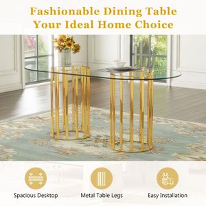 Tavolo da Pranzo Ovale di Lusso in Vetro Temperato da 71 Pollici con Doppia Colonna Dorata e 8 Sedie Trasparenti - Elegante Set per Sala da Pranzo - Product Image 5