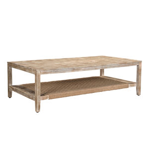Mesa de centro rústica de madera maciza con estante de almacenamiento de yute tejido, acabado en blanco envejecido, mesa de cóctel para la sala de estar del hogar - Product Image 2