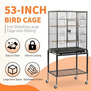 53\" Large Black Flight Bird Cage with Rolling Stand & Storage Shelf for Parrots Lovebirds Cockatiels Parakeets - Product Image 3