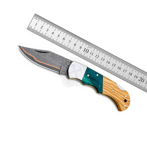 Personalized Copper Damascus Hunting Knife Wood Handle Drop Point Blade Straight Edge Folding Knife With Leather Sheath - Product Image 6