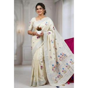 Tela Moderna para Saree de Algodón Assam con Trabajo de Hilo Katha y Lentejuelas de 3mm de Secado Rápido - Product Image 1