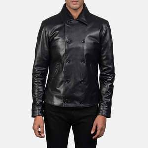<b>Men's</b> Genuine <b>Leather</b> <b>Jacket</b> Double Breasted Turn-down Collar Slim Fit Moto Biker Style Autumn Wear - Product Image 5