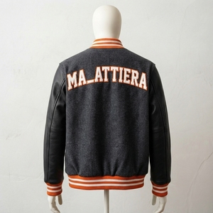 Blouson Bomber Homme en Laine Anthracite avec Manches en Cuir, Col Côtelé Rayé Orange, Broderie Personnalisée, Vêtement d'extérieur Premium - Product Image 2