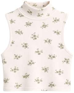 Débardeur court côtelé personnalisé à col montant sans manches avec imprimé floral vert pour femme, coupe ajustée extensible, décontracté, tendance été - Product Image 1