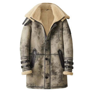Veste en cuir véritable lavé pour homme avec doublure en fausse fourrure, col rabattable, long manteau coupe-vent d'hiver, style motard - Product Image 2