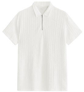 Polo à manches courtes pour homme, blanc, couleur unie, tissu tissé, fermeture éclair sur le devant, style décontracté, longueur normale - Product Image 4