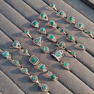 Classic Ethnic Green Onyx <b>Rings</b> Set Silver Plated Brass Bezel Setting Adjustable Gemstone Bulk Lot Bohemian Style Unisex May - Product Image 3