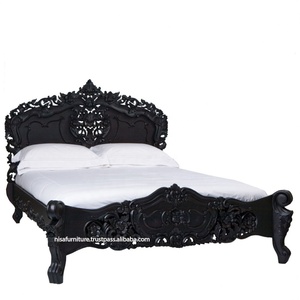 European Design Solid Mahogany Wood <b>Bed</b> Hand Carved Rococo Style for Home Hotel Carving French Bedroom Furniture Black - Product Image 3