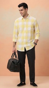 Camisa Casual de Algodón a Cuadros Amarillos para Hombre, Manga Larga, Cuello Camisero, Transpirable, Estilo Primavera - Product Image 3