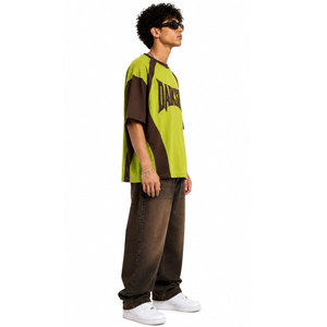 Darkside <b>Men's</b> Green Brown Raglan Sleeve Oversized T-<b>Shirt</b> O-Neck Printed Letter Design Street Style Knitted Embossed T-<b>Shirt</b> - Product Image 5