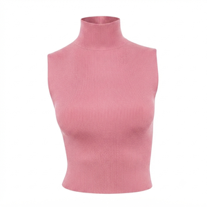 Women's <b>Red</b> Ribbed Knit O-Neck Tank <b>Top</b> Solid Color Minimalist Style Regular Length Eco-Friendly Breathable Polyester/Cotton - Product Image 3