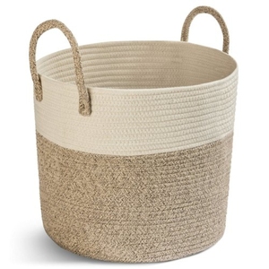 Modern Round Shape <b>Jute</b> & Cotton Laundry <b>Basket</b> Rope Handle Storage Bin Foldable Hamper for Household Use - Product Image 6