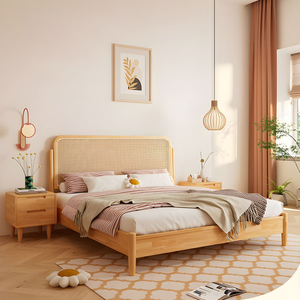 Modern Rattan Bed Solid Wood <b>Frame</b> Natural King Size Massage Leather Upholstery Natural Color Finish Bellla - Product Image 2