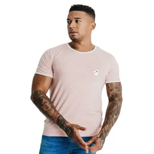 Camiseta masculina cor rosa com gola branca, camiseta de algodão de primeira classe com estampa de logotipo personalizado
