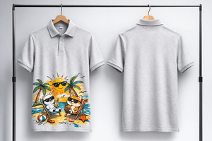 Camiseta Polo Personalizada al por Mayor para Hombre - Camiseta Polo de Algodón con Gráfico Divertido de Gato en la Playa, Manga Corta, Informal, para Verano - Product Image 4