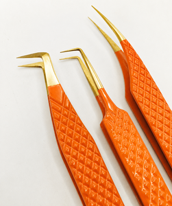 Ensemble de pinces à sourcils premium en acier inoxydable orange, à pointe inclinée, écologiques, durables, pour isolation de volume, courbées et de précision - Product Image 5