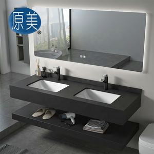 1400mm Double Bol Vanité Marbre Montage Mural Évier Double Couche Lavabo Fritté Pierre Dalle <span class=keywords><strong>Salle</strong></span> <span class=keywords><strong>De</strong></span> Bains Cabinet Avec Miroir pour Hôtel - Product Image 2