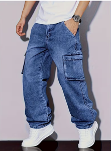 Pantalones Cargo de Mezclilla Holgados para Hombre, Cintura Elástica, Cierre de Cremallera, Transpirables, para Todas las Temporadas, Estilo Urbano, con Bolsillos, Grosor Estándar - Product Image 3
