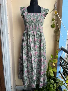 Robe longue en coton indien imprimé bloc à la main col carré motif floral Style décontracté robe sans manches à bretelles réglables - Product Image 4