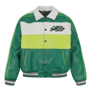 Men's Autumn Moto Jacket Avirex-Style Green Neon Yellow Varsity Leather | Grand Slam Retro Embroidery Bomber - Product Image 3