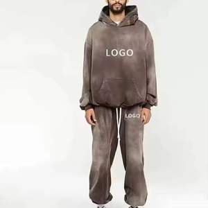 Ensemble de survêtement oversize noir délavé pour homme, comprenant un sweat à capuche en molleton épais et un pantalon de survêtement à jambes larges, ensemble streetwear deux pièces pour l'hiver - Product Image 3