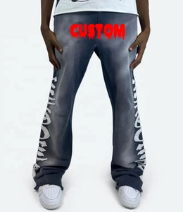 Pantalon de jogging ample en coton pour homme, taille haute, style décontracté, avec broderie et patchs déchirés, coupe évasée, personnalisable avec logo OEM - Product Image 4