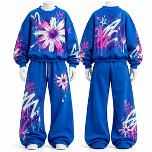 Ensemble de survêtement pour femmes, bleu, motif floral graffiti, sweat-shirt oversize, pantalon large, streetwear, mode décontractée, tenue en deux pièces - Product Image 3